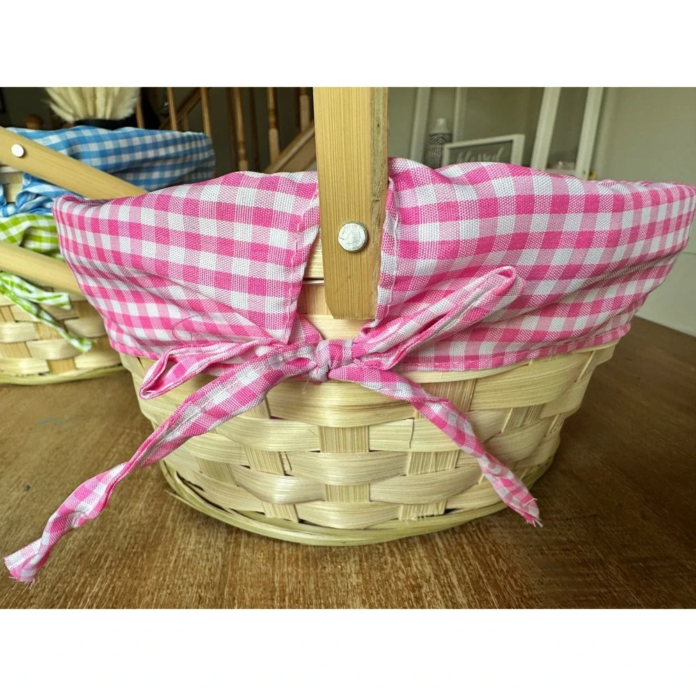 Set of 3 Woven Bamboo Easter Baskets Gingham Plaid Liners Pink Blue Green Handle